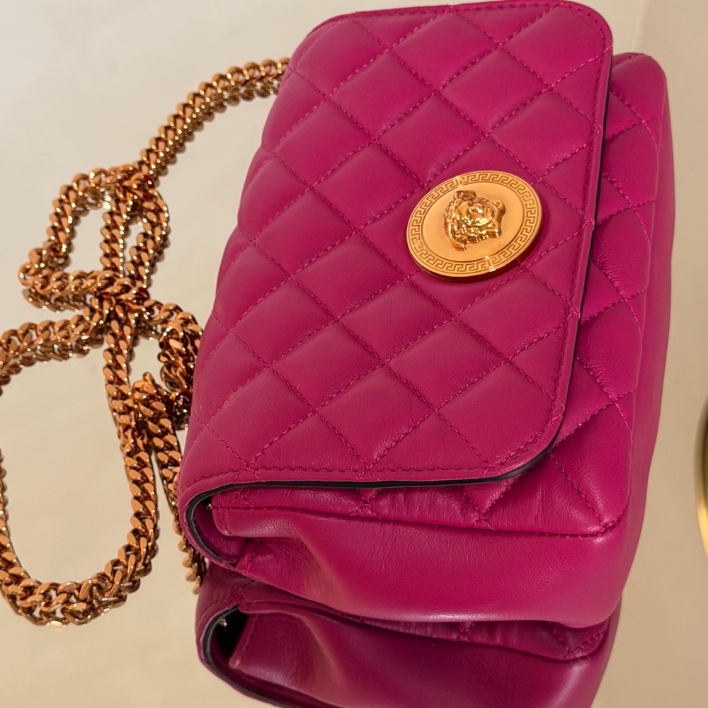 Versace Quilted Fuchsia Crossbody with Gold Chain and Medusa Emblem